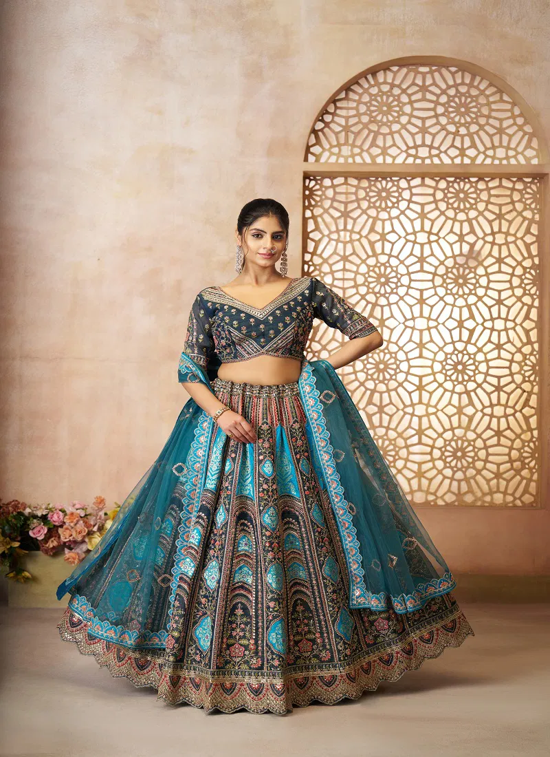 Kf-31- Blue Banarasi Silk Embroidered Lahenga For Wedding Wholesale In India